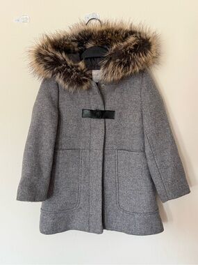 Zara premium Girls' Gray Wool Blend Hooded Coat with Faux Fur Trim